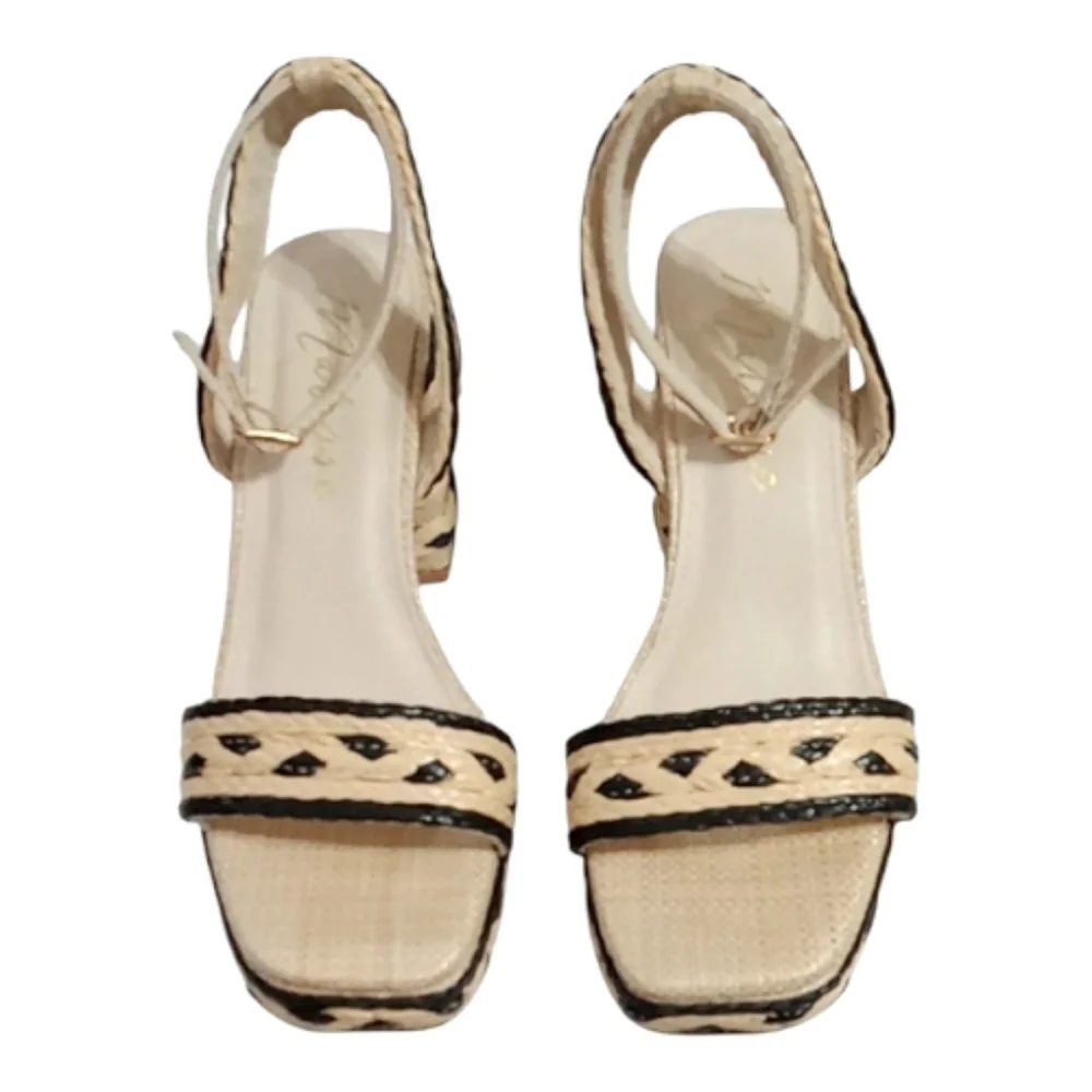 Matisse Lyla Woven Raffia Platform Sandals Natural/Black Block Heel Sz 8